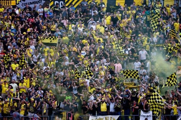 Columbus Crew fans celebrate after Gyasi Zardes scores a goal during the match against the Chicago Fire FC on June 19, 2021 in Columbus, Ohio.