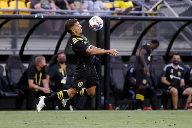 Pedro Santos of the Columbus Crew controls the ball during the match against the Chicago Fire FC on June 19, 2021 in Columbus, Ohio. Columbus...