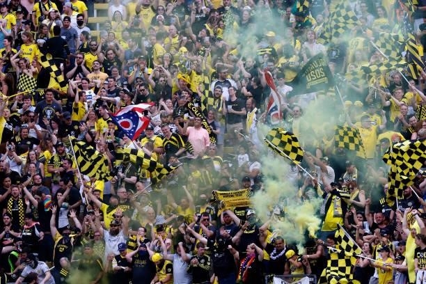 Columbus Crew fans celebrate after Gyasi Zardes scores a goal during the match against the Chicago Fire FC on June 19, 2021 in Columbus, Ohio.