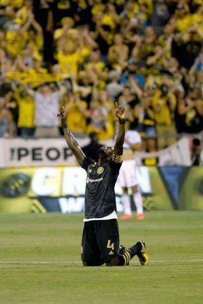 Jonathan Mensah of the Columbus Crew reacts after defeating the Chicago Fire FC on June 19, 2021 in Columbus, Ohio. Columbus defeated Chicago 2-0.