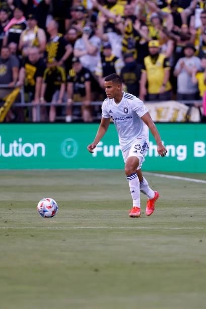 Miguel Navarro of the Chicago Fire FC controls the ball during the match agains the Columbus Crew on June 19, 2021 in Columbus, Ohio. Columbus...