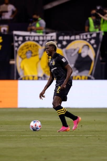 Gyasi Zardes of the Columbus Crew controls the ball during the match against the Chicago Fire FC on June 19, 2021 in Columbus, Ohio. Columbus...