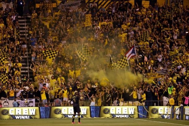 Gyasi Zardes of the Columbus Crew celebrates with the fans after defeating the Chicago Fire FC on June 19, 2021 in Columbus, Ohio. Columbus defeated...