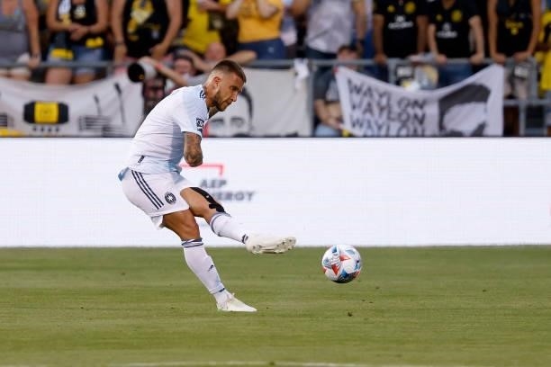 Francisco Calvo of the Chicago Fire FC kicks the ball during the match against the Columbus Crew on June 19, 2021 in Columbus, Ohio. Columbus...