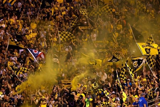 Fans of the Columbus Crew celebrate after the match against the Chicago Fire FC on June 19, 2021 in Columbus, Ohio. Columbus defeated Chicago 2-0.
