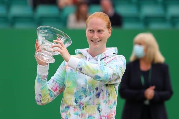Alison Van Uytvanck of Belgium wins the Finals match against Arina Rodionova of Australia during the ITF W100 Final of the Nottingham Trophy at...