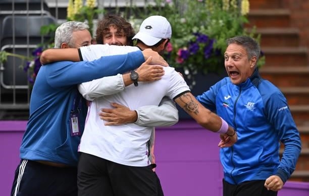 Matteo Berrettini of Italy celebrates with his coaching team after the finals against Cameron Norrie of Great Britain during Day 7 of The cinch...