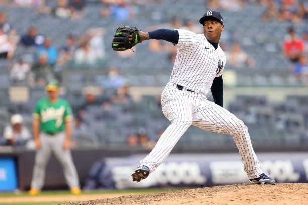 Aroldis Chapman of the New York Yankees in action against the Oakland Athletics during a game at Yankee Stadium on June 19, 2021 in New York City.