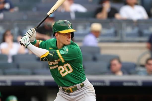 Mark Canha of the Oakland Athletics in action against the New York Yankees during a game at Yankee Stadium on June 19, 2021 in New York City.