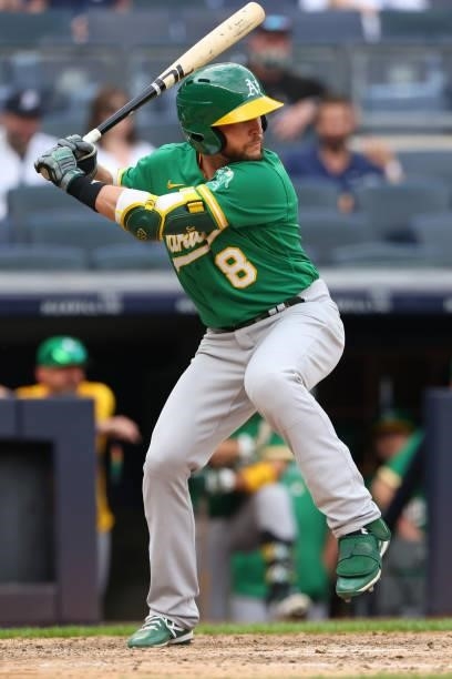 Jed Lowrie of the Oakland Athletics in action against the New York Yankees during a game at Yankee Stadium on June 19, 2021 in New York City.
