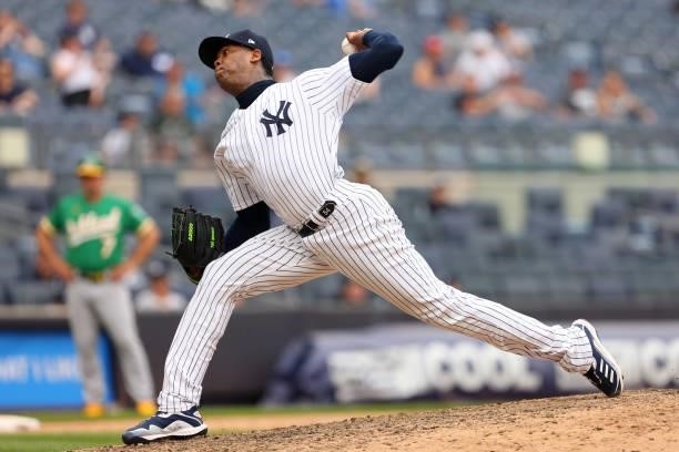 Aroldis Chapman of the New York Yankees in action against the Oakland Athletics during a game at Yankee Stadium on June 19, 2021 in New York City.