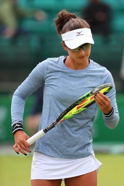 Arina Rodionova of Australia checks her racket during the ITF W100 Final of the Nottingham Trophy at Nottingham Tennis Centre on June 20, 2021 in...