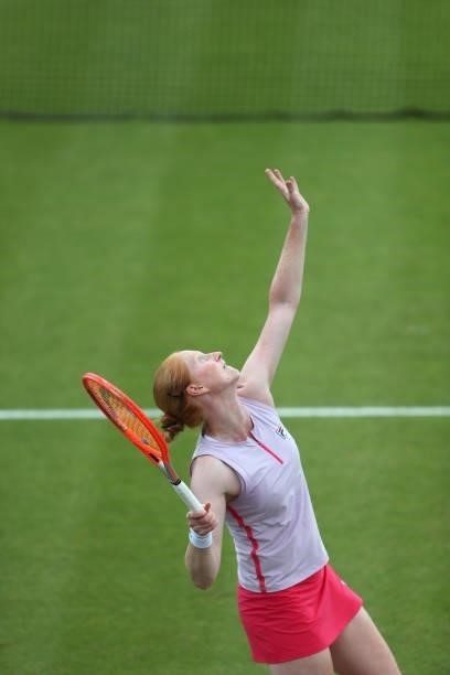 Alison Van Uytvanck of Belgium serves in the Finals match against Arina Rodionova of Australia during the ITF W100 Final of the Nottingham Trophy at...