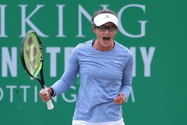 Arina Rodionova of Australia celebrates a point during the ITF W100 Final of the Nottingham Trophy at Nottingham Tennis Centre on June 20, 2021 in...