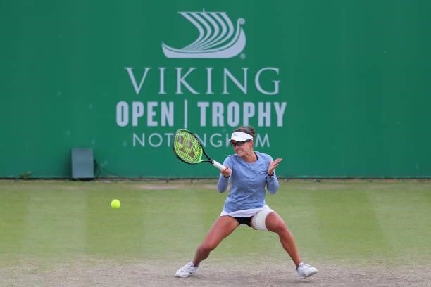 Arina Rodionova of Australia hits a forehand during the ITF W100 Final of the Nottingham Trophy at Nottingham Tennis Centre on June 20, 2021 in...