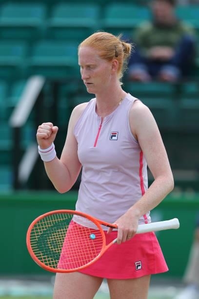 Alison Van Uytvanck of Belgium celebrates in the Finals match against Arina Rodionova of Australia during the ITF W100 Final of the Nottingham Trophy...