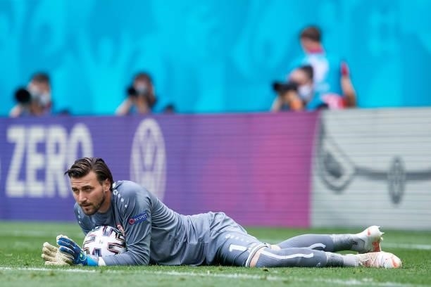 Stole Dimitrievski of North Macedonia looks on as he holds the ball during the UEFA Euro 2020 Championship Group C match between Ukraine and North...