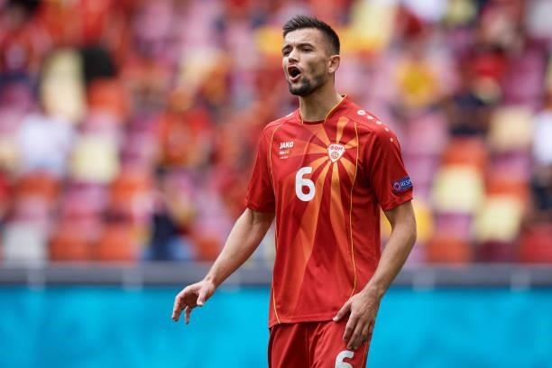 Visar Musliu of North Macedonia reacts during the UEFA Euro 2020 Championship Group C match between Ukraine and North Macedonia at National Arena on...
