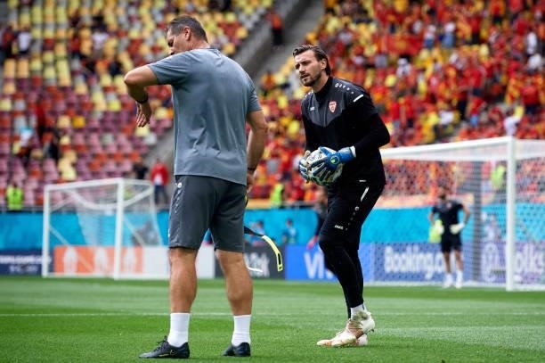 Stole Dimitrievski of North Macedonia warms up prior to the UEFA Euro 2020 Championship Group C match between Ukraine and North Macedonia at National...