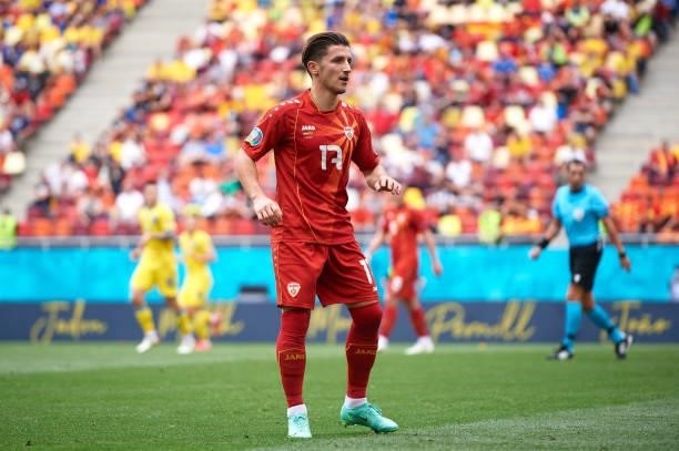 Enis Bardi of North Macedonia looks on during the UEFA Euro 2020 Championship Group C match between Ukraine and North Macedonia at National Arena on...