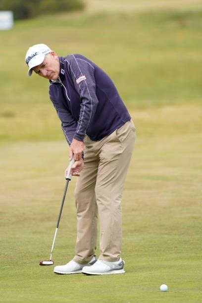 Phillip Price of Wales in action during the final round of the Farmfoods European Legends Links Championship at Trevose Golf & Country Club on June...