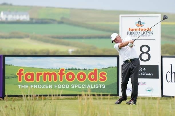 Barry Lane of England in action during the final round of the Farmfoods European Legends Links Championship at Trevose Golf & Country Club on June...