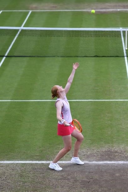 Alison Van Uytvanck of Belgium serves the Finals match against Arina Rodionova of Australia during the ITF W100 Final of the Nottingham Trophy at...