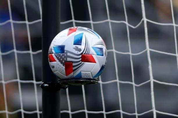 Detail of the Adidas ball used during the match between the Columbus Crew and the Chicago Fire FC on June 19, 2021 in Columbus, Ohio.