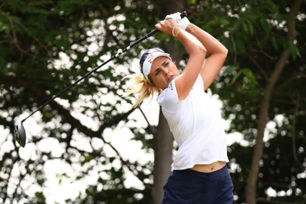 Lexi Thompson watches her drive on the fourth hole during the final round of the Meijer LPGA Classic for Simply Give at Blythefield Country Club on...