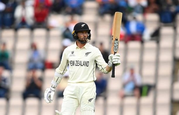 Devon Conway of New Zealand celebrates reaching fifty during Day 3 of the ICC World Test Championship Final between India and New Zealand at The...