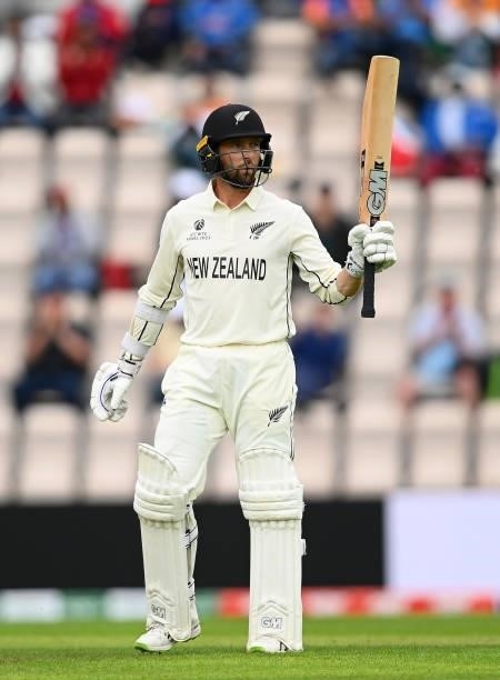 Devon Conway of New Zealand celebrates reaching fifty during Day 3 of the ICC World Test Championship Final between India and New Zealand at The...