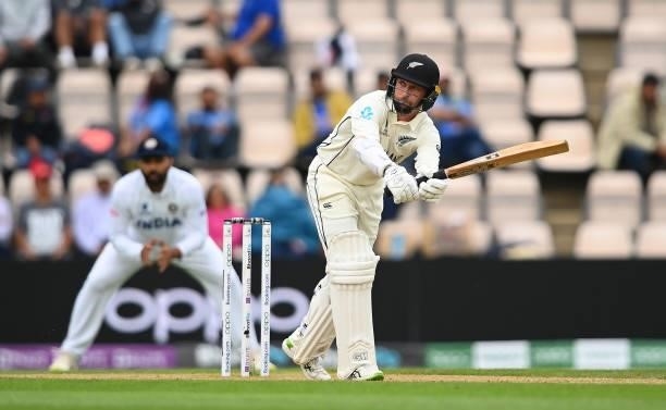 Devon Conway of New Zealand hits runs during Day 3 of the ICC World Test Championship Final between India and New Zealand at The Hampshire Bowl on...