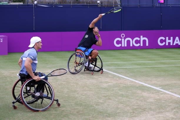 Gustavo Fernández of Argentina and Tom Egberink of Neatherlands during the wheelchair finals during Day 7 of The cinch Championships at The Queen's...