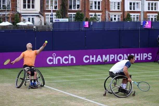 Stefan Olsson of Sweden and Joachim Gérard of Belgium in action during the wheelchair finals during Day 7 of The cinch Championships at The Queen's...