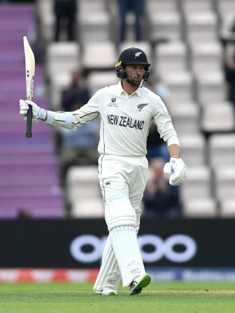 Devon Conway of New Zealand celebrates reaching his half century during Day 3 of the ICC World Test Championship Final between India and New Zealand...