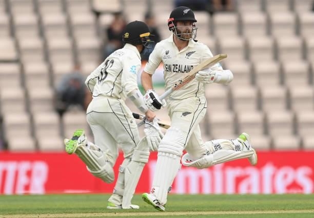 Kane Williamson and Devon Conway of New Zealand run during Day 3 of the ICC World Test Championship Final between India and New Zealand at The...