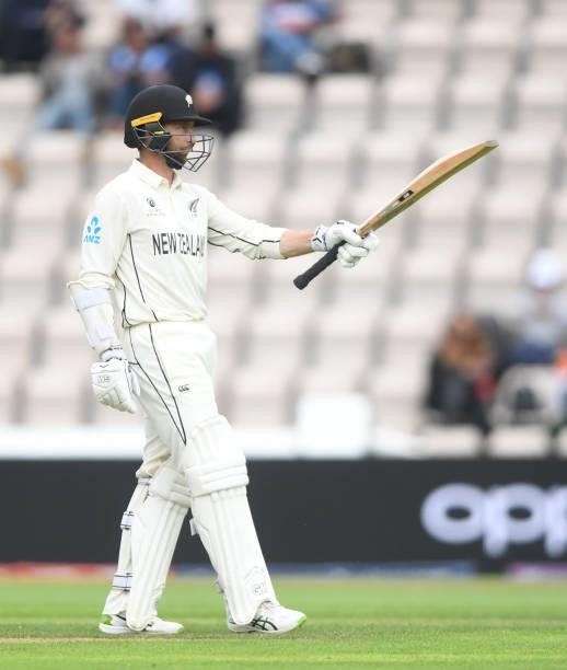 Devon Conway of New Zealand raises his bat after scoring 5o runs during Day 3 of the ICC World Test Championship Final between India and New Zealand...