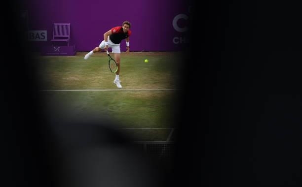 Nicolas Mahut of France, playing partner of Pierre-Hugues Herbert of France serves during the finals against Reilly Opelka of USA and \John Peers of...