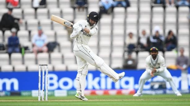 Devon Conway of New Zealand bats during Day 3 of the ICC World Test Championship Final between India and New Zealand at The Hampshire Bowl on June...
