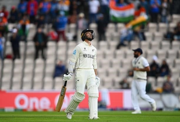 Devon Conway of New Zealand walks off after being dismissed during Day 3 of the ICC World Test Championship Final between India and New Zealand at...