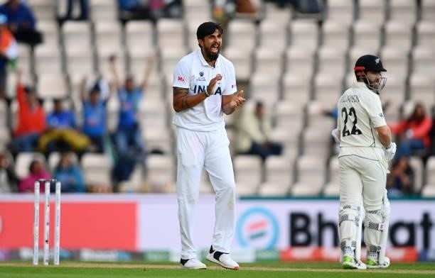 Ishant Sharma of India celebrates taking the wicket of Devon Conway of New Zealand during Day 3 of the ICC World Test Championship Final between...