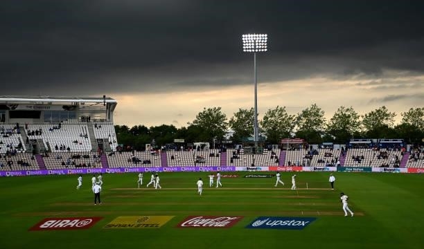 Dark clouds gather over the groubnd during Day 3 of the ICC World Test Championship Final between India and New Zealand at The Ageas Bowl on June 20,...