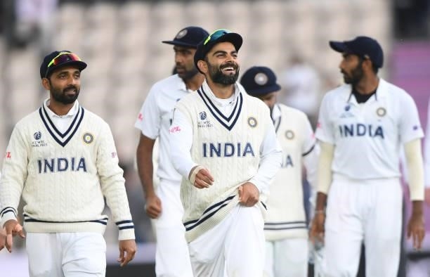 Virat Kohli of India leads his team off the field after bad light stops play during Day 3 of the ICC World Test Championship Final between India and...