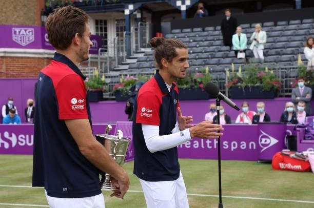 Pierre-Hugues Herbert of France, and Nicolas Mahut of France talk to the media after winning the mens doubles finals during Day 7 of The cinch...