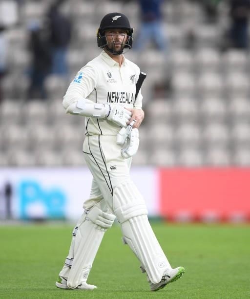 Devon Conway of New Zealand walks off the pitch after getting out during Day 3 of the ICC World Test Championship Final between India and New Zealand...