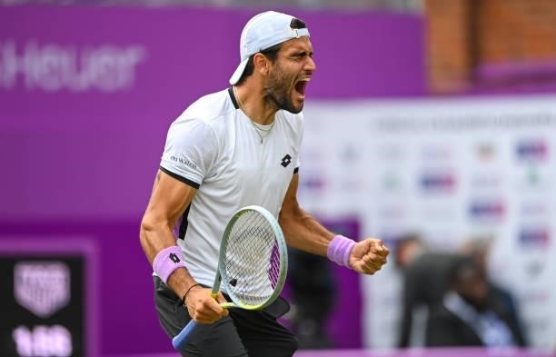 Matteo Berrettini of Italy celebrates match point during the finals against Cameron Norrie of Great Britain during Day 7 of The cinch Championships...