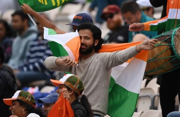 India fans dance during Day 3 of the ICC World Test Championship Final between India and New Zealand at The Hampshire Bowl on June 20, 2021 in...