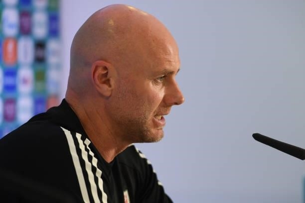 In this handout picture provided by UEFA, Rob Page, Interim Head Coach of Wales speaks to the media during the Wales Press Conference after the UEFA...