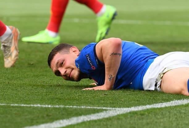 Andrea Belotti of Italy looks on during the UEFA Euro 2020 Championship Group A match between Italy and Wales at Olimpico Stadium on June 20, 2021 in...