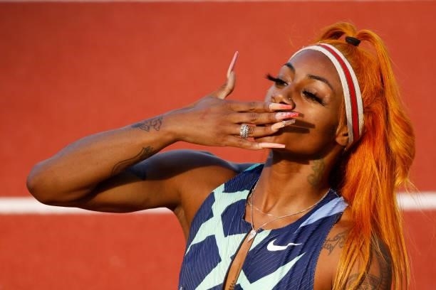 Sha'Carri Richardson reacts after competing in the Women's 100 Meter Semi-finals on day 2 of the 2020 U.S. Olympic Track & Field Team Trials at...